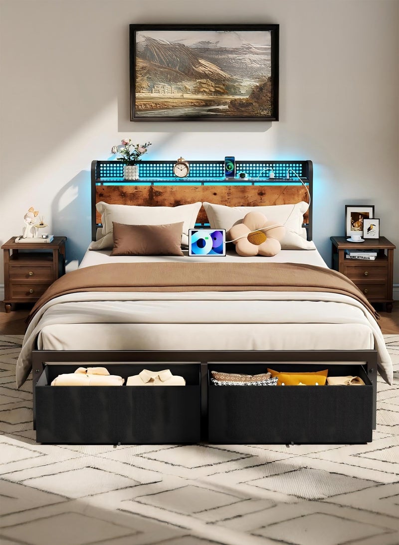 يانارا إطار سرير مع لوح رأسي تخزين وإضاءة ليد – سرير منصة مقاس كوين، يحتوي على درجين تخزين كبيرين أسفل السرير، محطة شحن مدمجة، لا يحتاج إلى قاعدة نابضة ، هادئ، سهل التجميع، 160×200 سم - Image 1